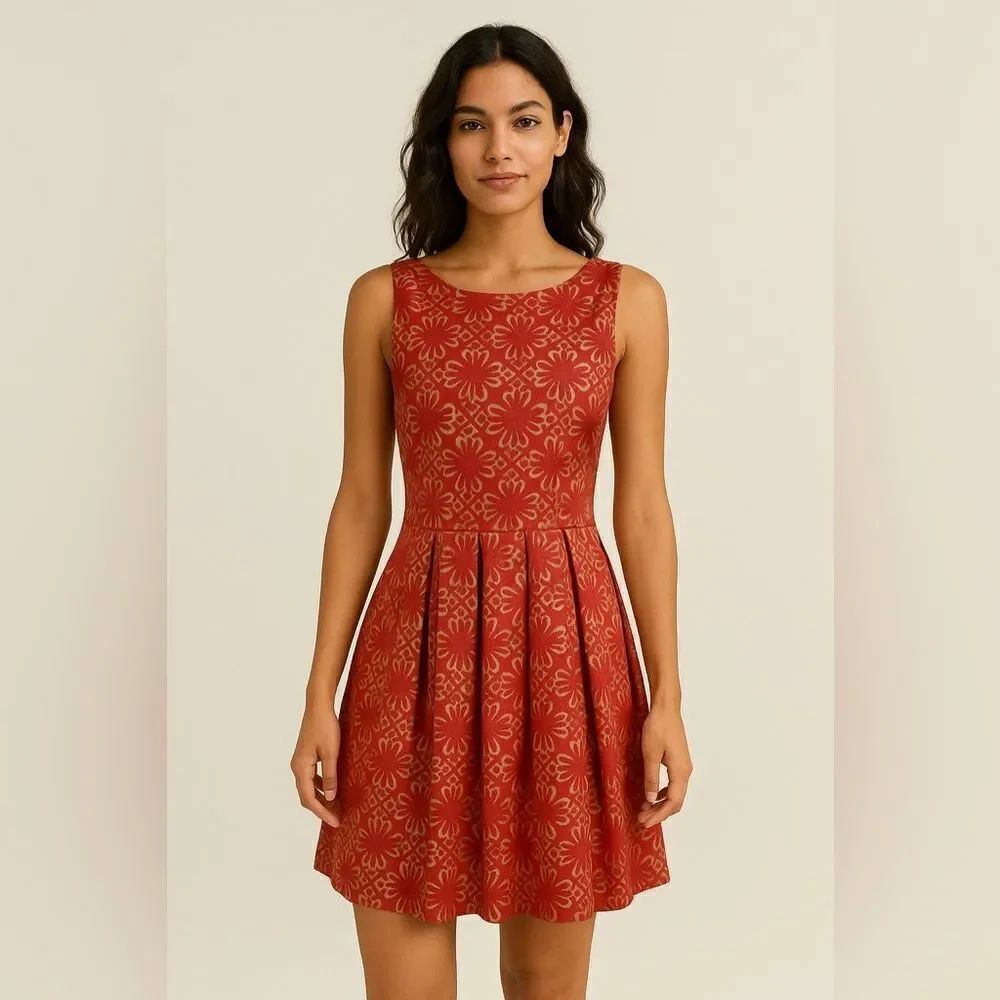 Edith & Ella by Line Markvardsen Sleeveless Red Tan Pattern Dress SZ M